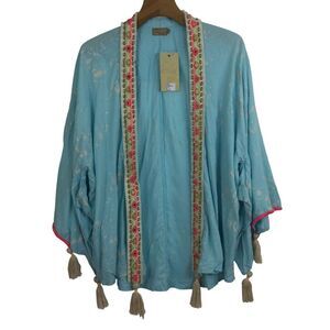 Skemo Boho Chic Cover Up Open Kimono Sleeve Embroidered Beaded Tassels M NWT